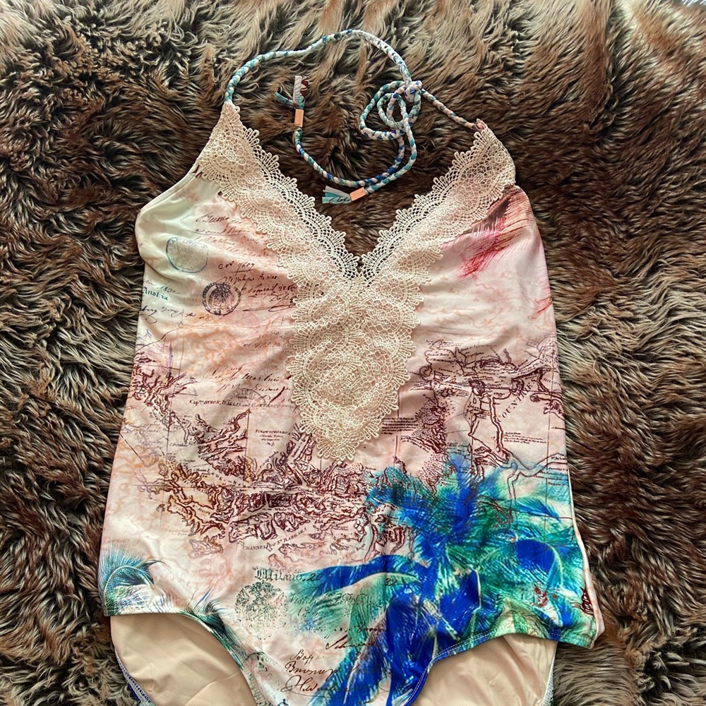Anthropologie world maps crochet v neck swimsuit
